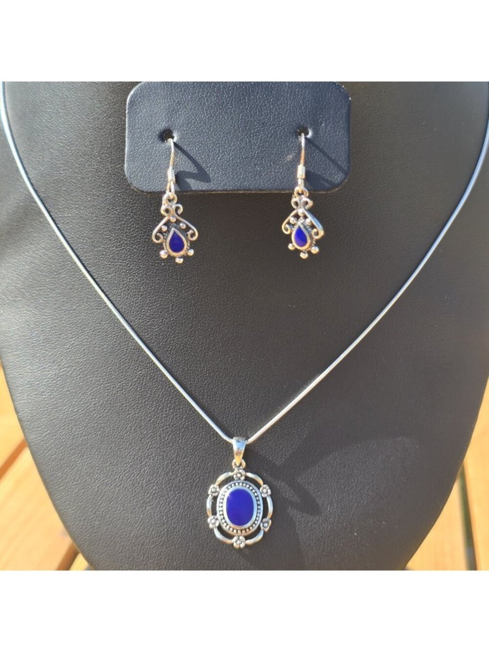 Sterling Silver Lapis Lazuli Necklace Earrings Set 18" Chain 925 Artisan Crafted